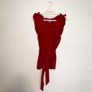 Anthropologie Lil Sleeveless Ruffle Blouse with Tie Belt, Red, Size 8